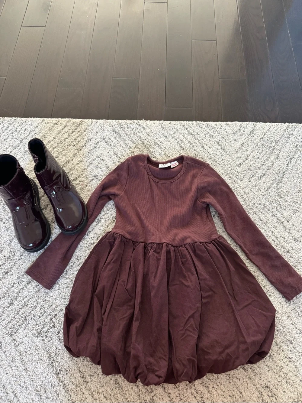 Zara Girls' Long Sleeve Bubble Dress with matching patent leather boots